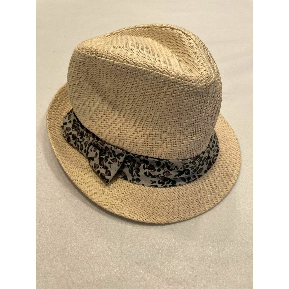 Scala Pronto Straw Fedora Hat w/ Leopard‎ Bow Band 100% Paper Woven Natural 57cm